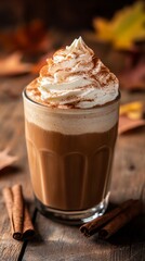 Pumpkin spice latte garnished with whipped cream and cinnamon sitting on rustic table