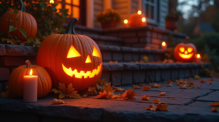 Ein gruselig dekorierter Eingang zu Halloween mit leuchtenden Kürbissen