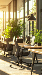 Fototapeta premium Bright sunlit office with modern desks and chairs, featuring lush plants