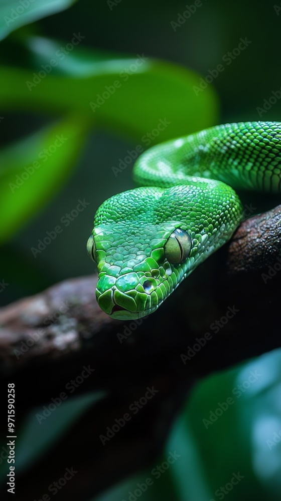 Poster emerald green tree python resting on a branch