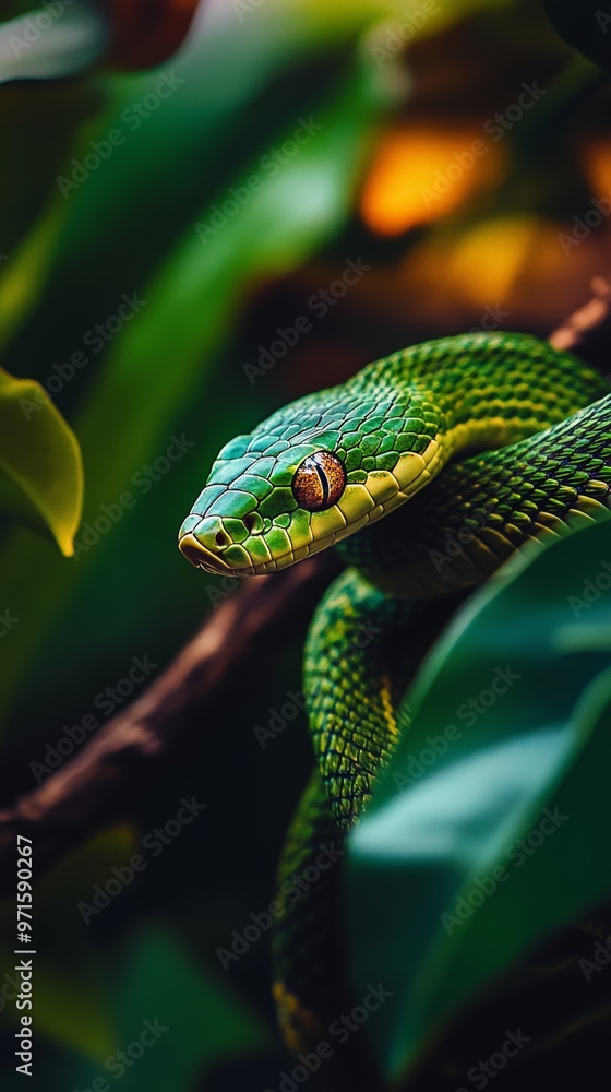 Poster green tree python resting on a branch in the jungle