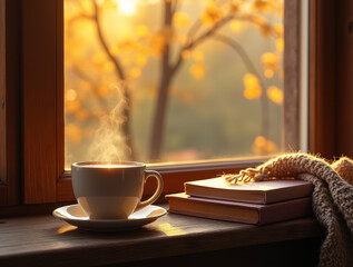 Kaffeetasse mit Dampf vor einem Fenster in herbstlicher Atmosphäre