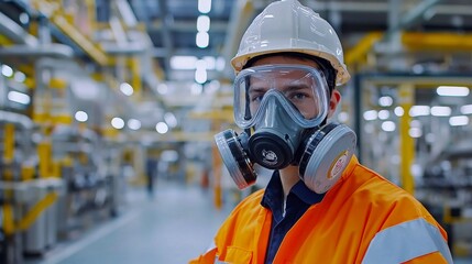 Naklejka premium Industrial Worker Wearing Respirator Mask, Close-Up, Portrait, Factory, Safety Gear, Industrial, Safety