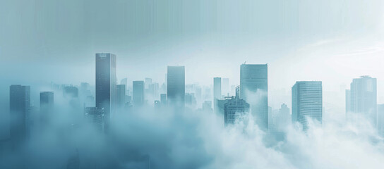 Fototapeta premium Panoramic view of the city skyline shrouded in mist, with skyscrapers and buildings partially obscured by smog. Air pollution concept. Industrial landscape environmental pollution waste