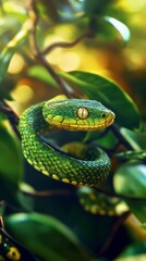 Fototapeta premium Green tree viper posing on a branch