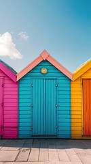Colorful beach huts under bright blue sky create cheerful atmosphere