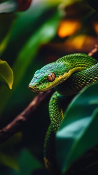 Green tree python resting on a branch in the jungle
