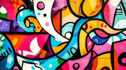 Obraz premium A colorful and abstract graffiti mural on a brick wall.