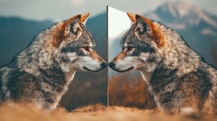 Obraz premium Wolves in the Mirror: A mirror split down the middle, reflecting two versions of the same wolf