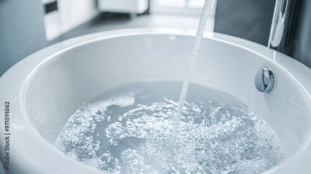 Poster close-up of a faucet in a sink with water flowing from the faucet to the faucet