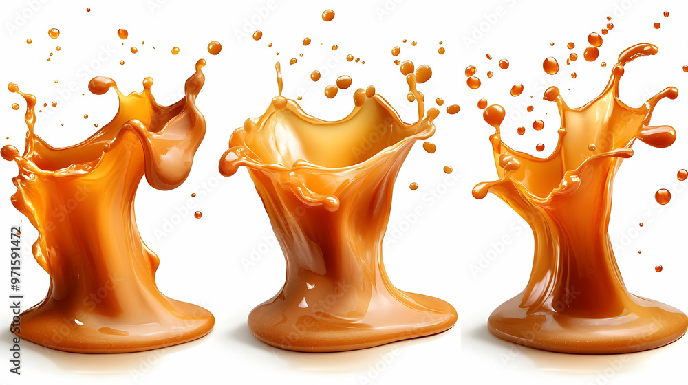 Poster three splashes of caramel-like liquid in dynamic forms.