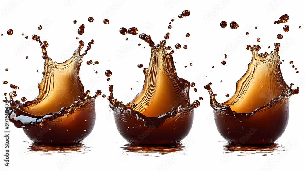 Poster three splashes of brown liquid captured in motion, showcasing dynamic fluidity and texture.