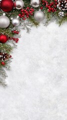 Wrapped gifts lie among pine branches and ornaments, creating a festive atmosphere perfect for celebrating the holiday season