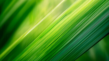 Obraz premium A close-up of vibrant green grass blades swaying in the breeze, creating an abstract background with dynamic lines and shapes. The sunlight highlights the texture and details on each blade.