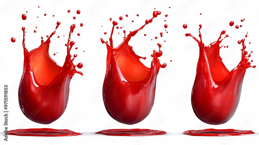 Poster three splashes of red liquid creating dynamic shapes against a white background.