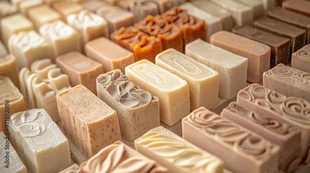 Poster a close-up of various soap types on a table with other soaps surrounding them