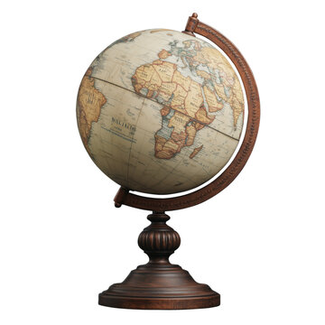 Vintage globe on a wooden stand isolated on transparent background representing world exploration