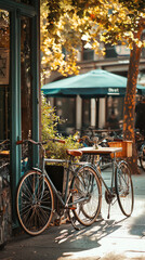 Classic bicycles parked by cafe, surrounded by vibrant autumn leaves