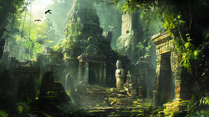 Ancient Jungle with Overgrown Temples and Ruins