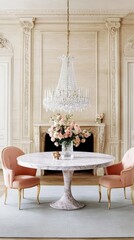 This modern dining room showcases a chic marble table paired with beige chairs, enhanced by a light pink color scheme and a gold chandelier for an elegant touch