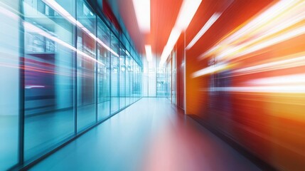 modern office hallway with glass walls in motion blur