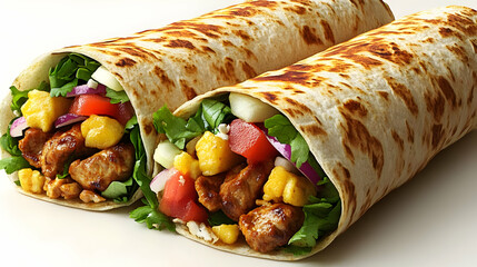 Two grilled wraps filled with vegetables and chicken, showcasing a colorful, appetizing meal.