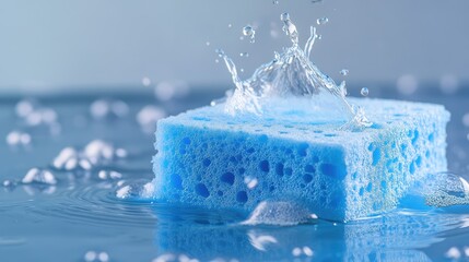 Blue Sponge Absorbing Water.
