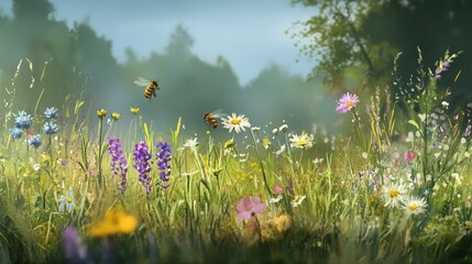 Two bees fly above a meadow filled with colorful wildflowers and green grass on a misty morning.