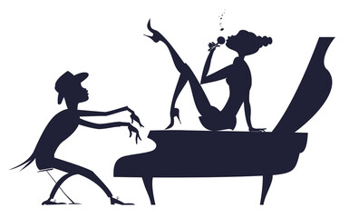 Couple musicians. Singer woman and pianist man. 
Duet of musicians. Singer woman sitting on the piano and pianist man. Black on white silhouette
