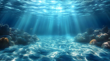 Underwater scene showcasing vibrant coral reefs and sunlit water.