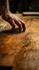 A skilled woodworkers hand gently sands edge of wooden surface, showcasing craftsmanship