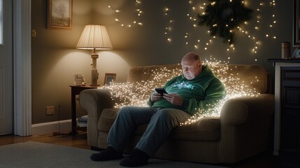 Obraz premium A bald, middle-aged man intently examines his phone while seated on a couch in a dimly lit living room, with glowing connection lines emanating from the device