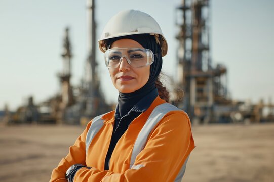 Confident female engineer is posing with her arms crossed in an oil refinery