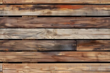 Obraz premium Wooden panel wall featuring various shades of brown and gray. The planks are arranged horizontally, showcasing natural wood grain patterns and textures.
