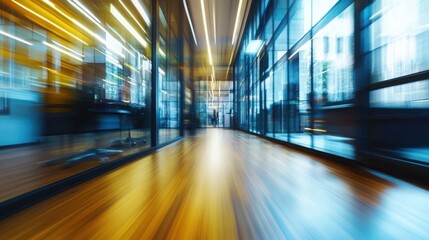 blurred motion modern office lobby with sunlight streaming through large