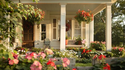 Fototapeta premium Front porch of a charming white house with lush greenery and flowers