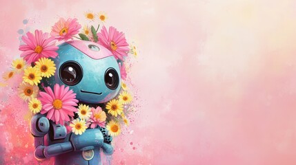 Fototapeta premium Cute robot holding pink and yellow flowers on pink background
