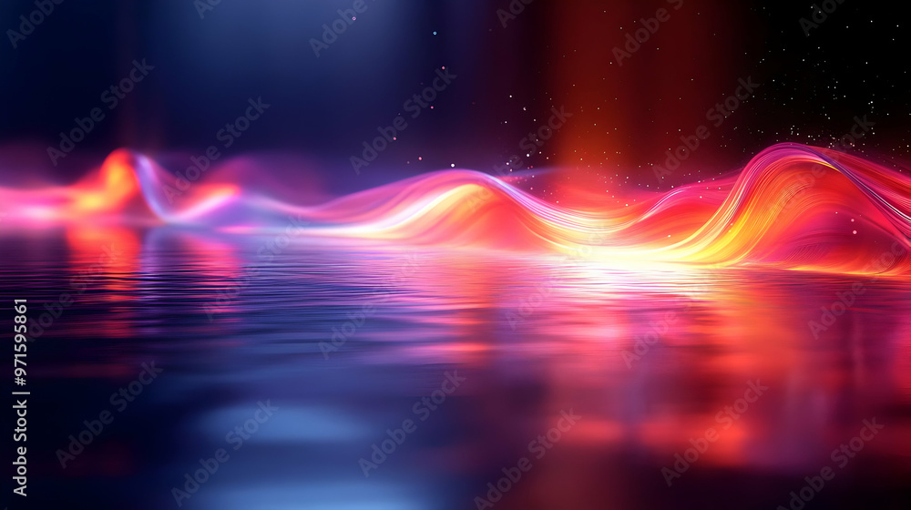 Poster vibrant waves of light reflecting on water, creating a serene and dynamic atmosphere.