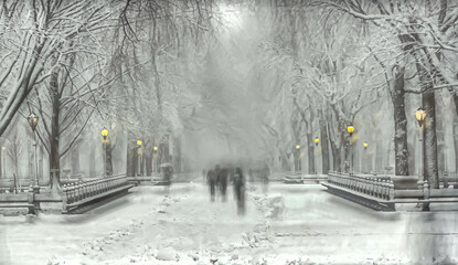 Central Park the Mall during snow storm