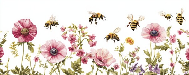 Honey bees flying over pink flowers watercolor illustration