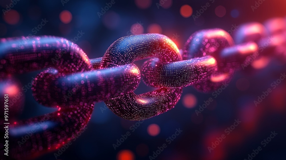 Poster blockchain technology glowing chain connecting with digital data flow