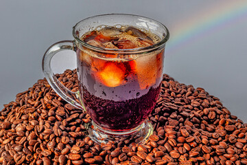 iced coffee on coffee beans