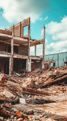 Demolished building site with structural remains and debris scattered around, showcasing urban decay