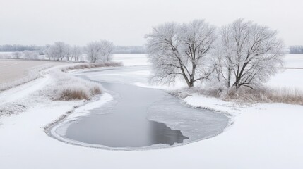 Obraz premium A serene winter landscape featuring a frozen river and snow-covered trees.