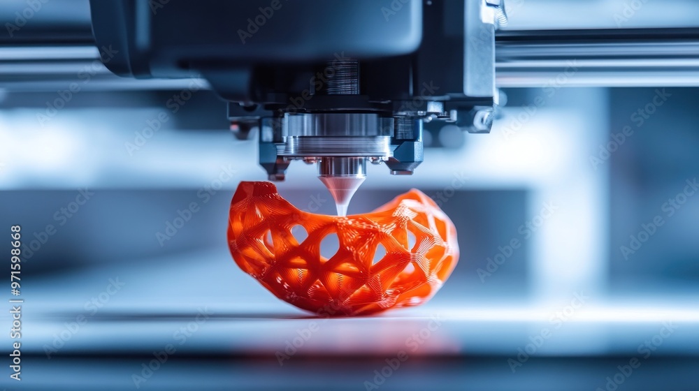 Poster a 3d printer creating an intricate orange object with a focused nozzle.