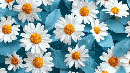 Fototapeta premium Floral pattern with white daisies and light blue leaves generative ai