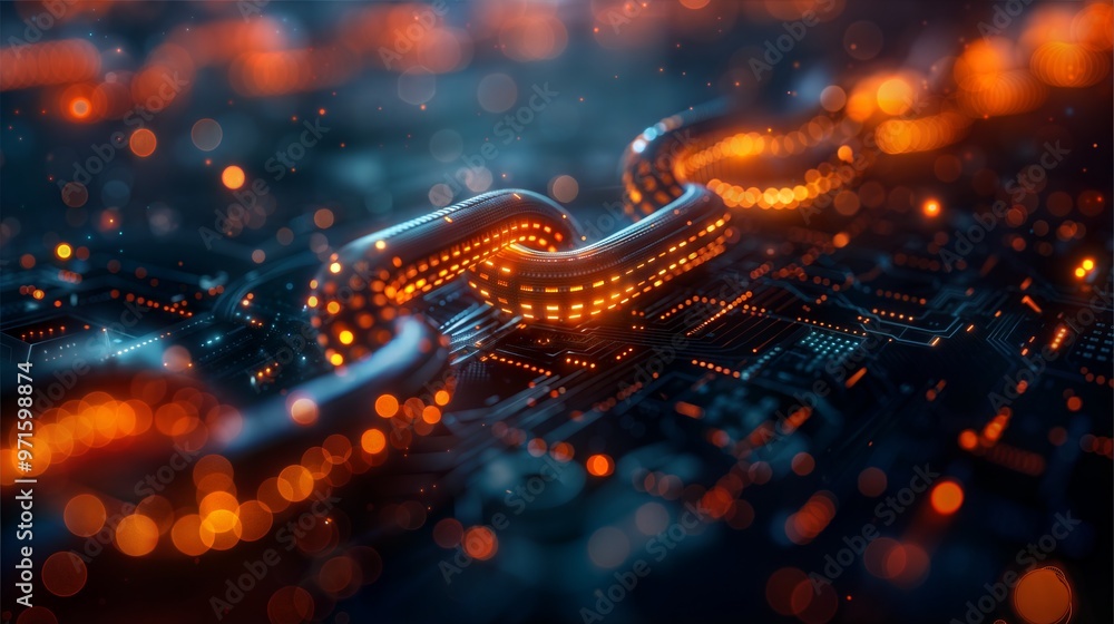 Poster futuristic blockchain network concept with glowing chains and digital circuit board