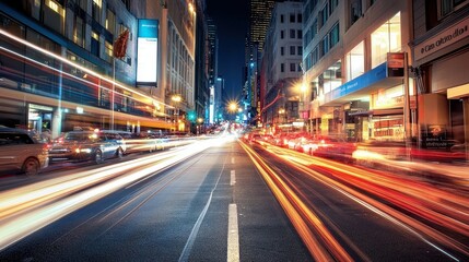 Obraz premium A vibrant city street at night, showcasing light trails from moving vehicles.