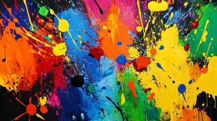Abstract painting with a black background and colorful splatters of paint.