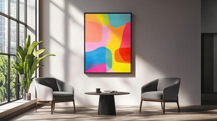 Modern Living Room with Abstract Art, Black Frame, Colorful Shapes, Interior Design, Abstract Art, Minimalist Style